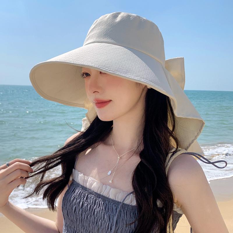 Summer new hat women's neck protection shawl hat sunshade sun protection hat bow bucket hat advanced sense