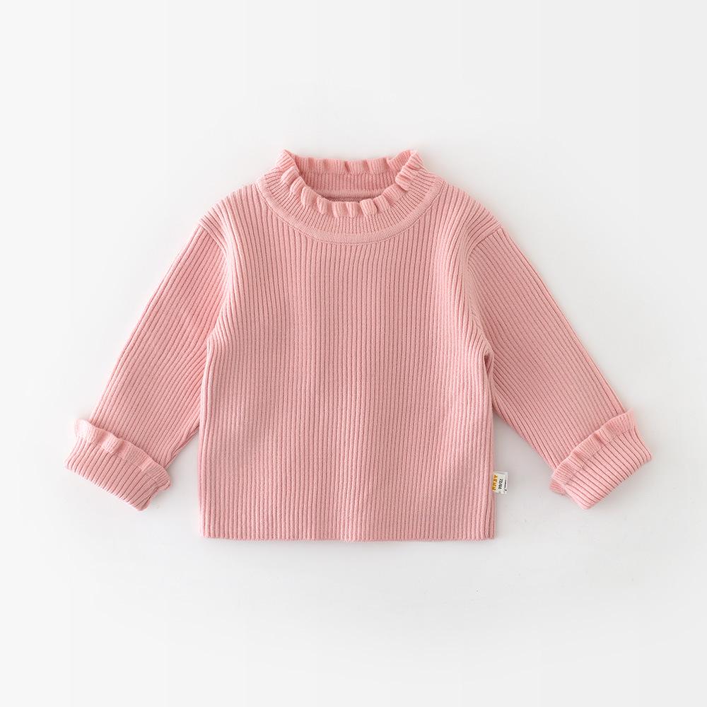 Jesień 2025 Dziecięcy sweter z koronką z wysokim dekoltem w jednolitym kolorze - Warstwa bazowa dla niemowląt i małych dzieci, ciepły top