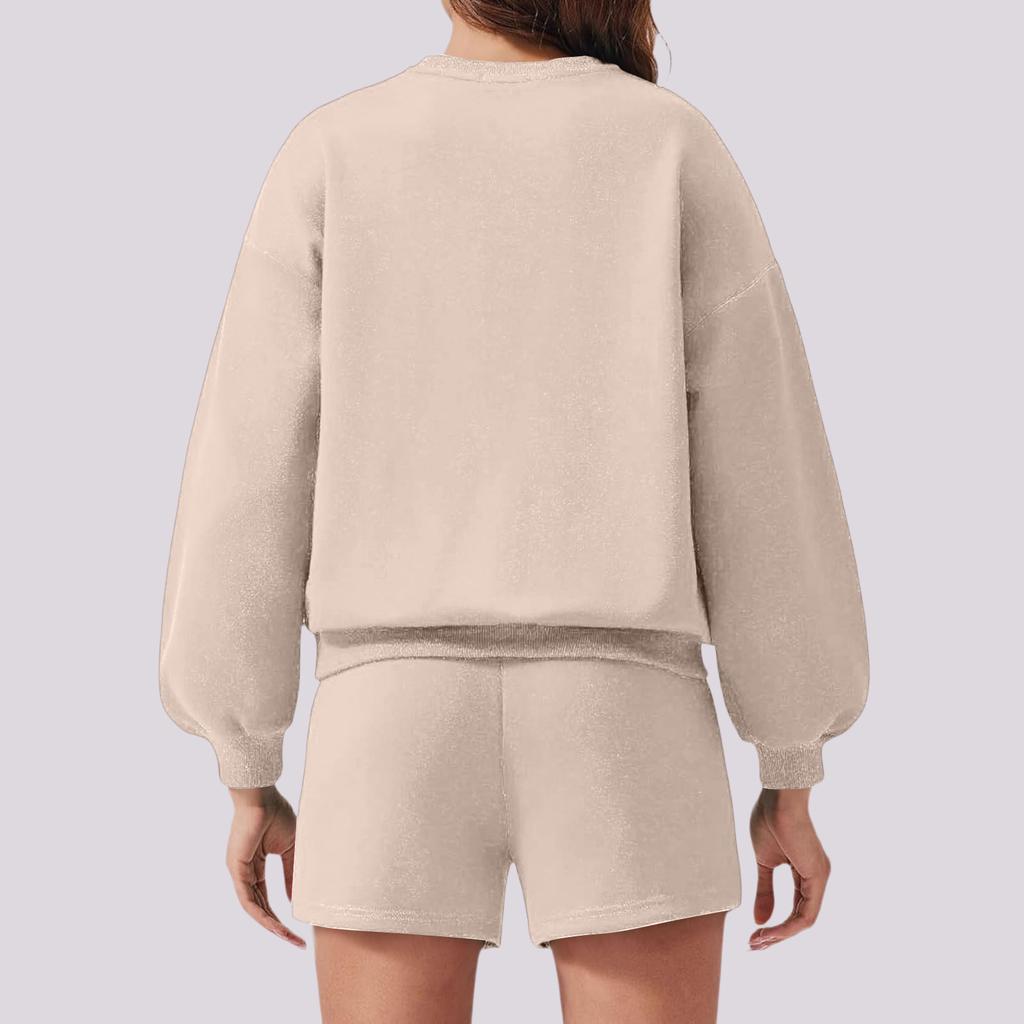 Women's Fashion Sportswear Casual Long-Sleeved Pullover Sweatshirt Drawstring Shorts Set