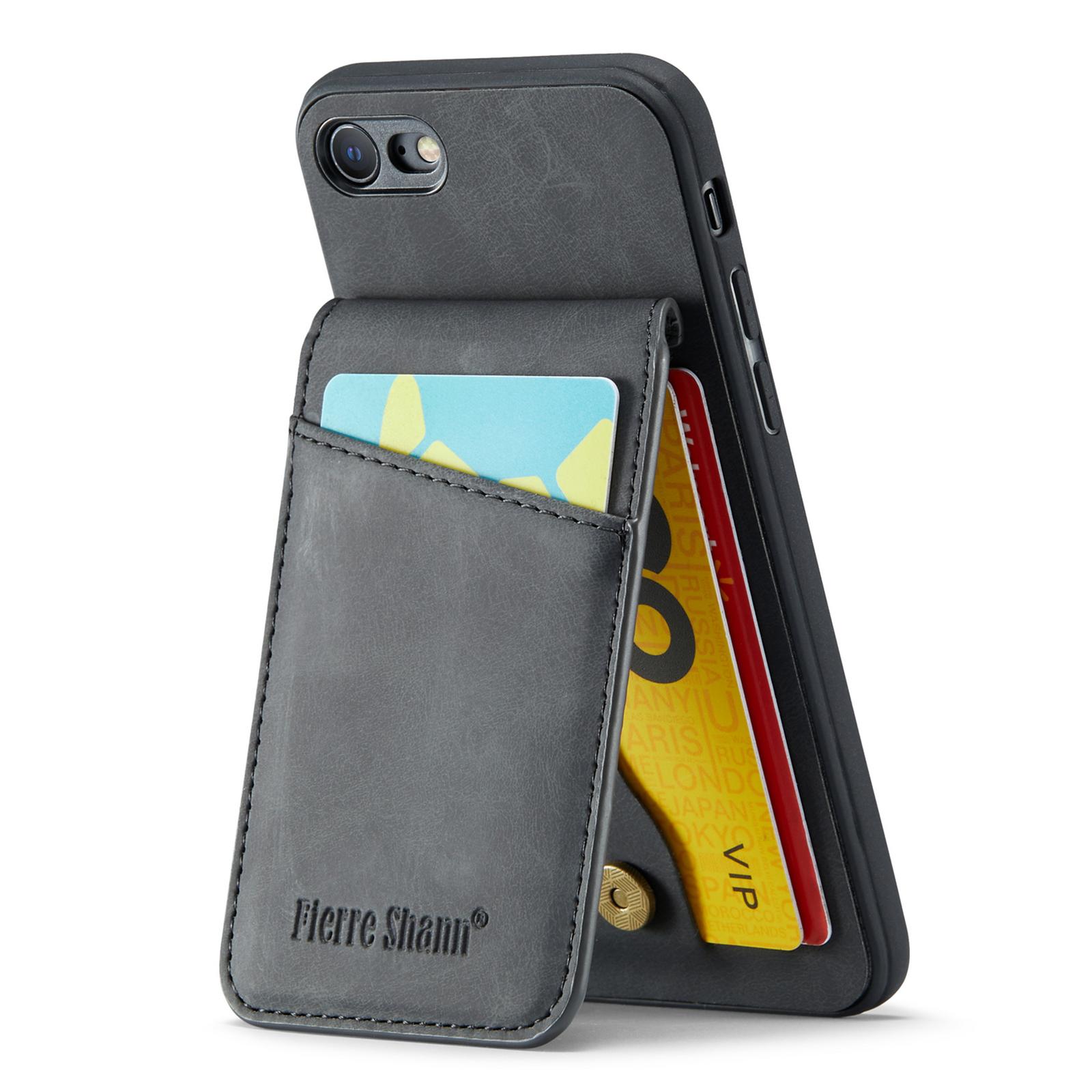 

FIERRE SHANN For iPhone 7/8/SE (2020)/SE (2022) Card Holder Phone Case Kickstand PU Leather+TPU Cover Black