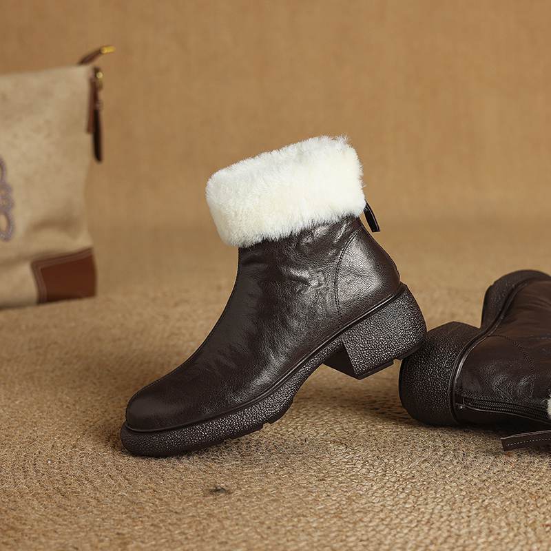 Krazing Pot Decorațiune plisată din piele de oaie Pantofi de toamnă iarnă Tocuri groase Mărimea 43 Mărimea 42 Vârf rotund Fermoar Retro Botine