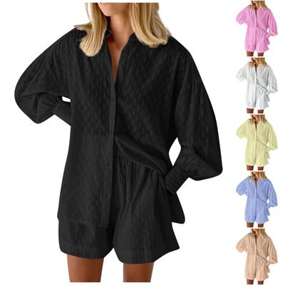Lässige Mode Einfarbig Damen Shirts Puffärmel Elegante Tops Shorts Casual Anzug