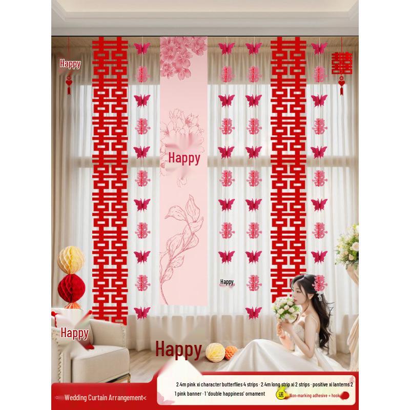 Wedding Room Decor Set: Double Happiness Curtains, Bay Window Trim, Bedroom Bows
