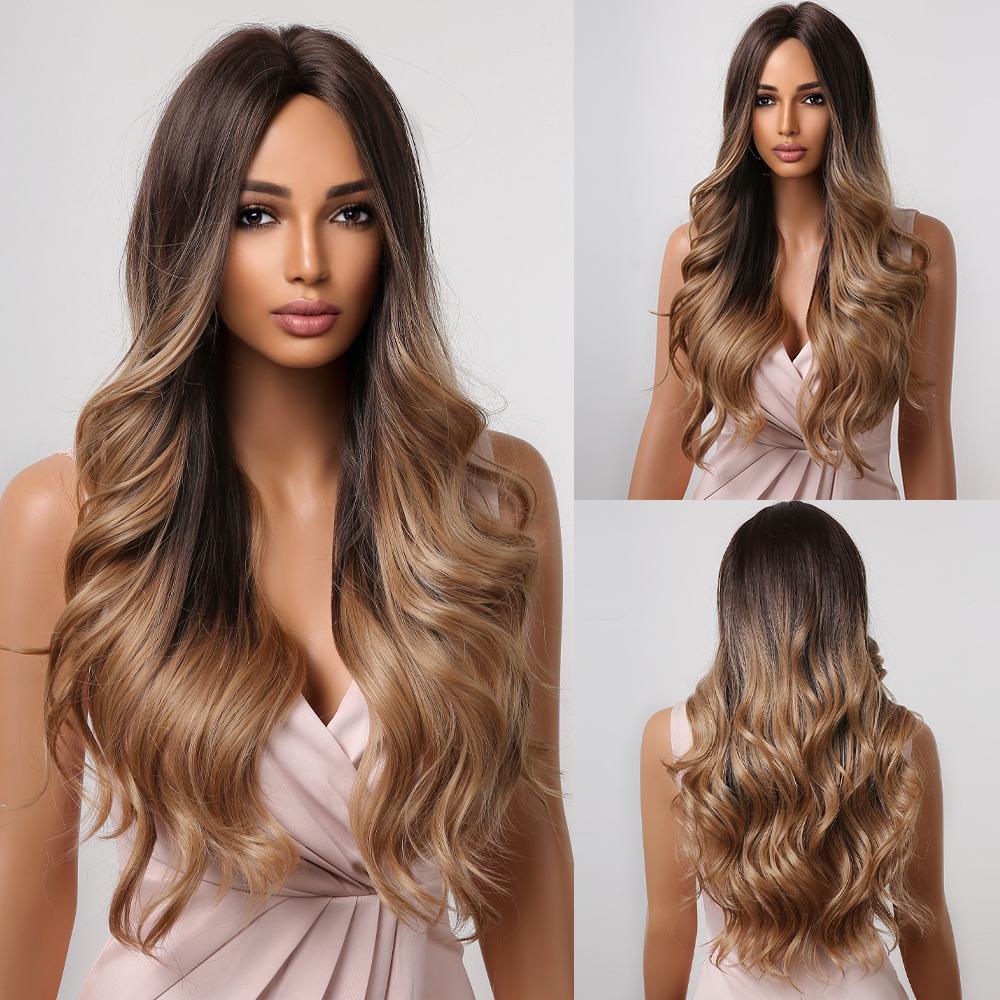 Ombre Brown Long Wavy Synthetic Hair Wig for Black Women Afro Middle Part Heat Resistant Fiber Cosplay Daily Use Hair Wigs