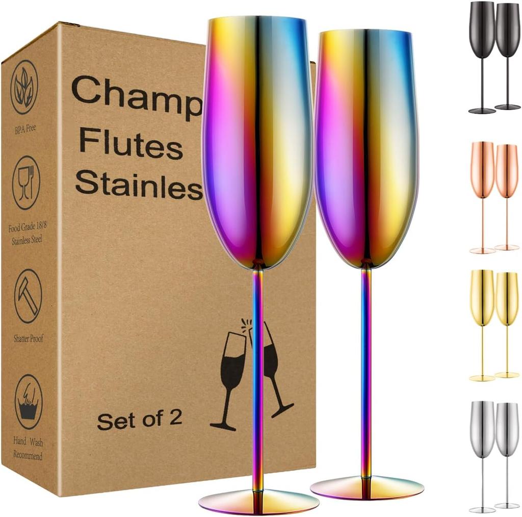 Stainless Steel Champagne Flutes Set of 2, Gold Unbreakable 8.5 oz for Wedding, Party, Christmas, Anniversary, Birthday Gifts