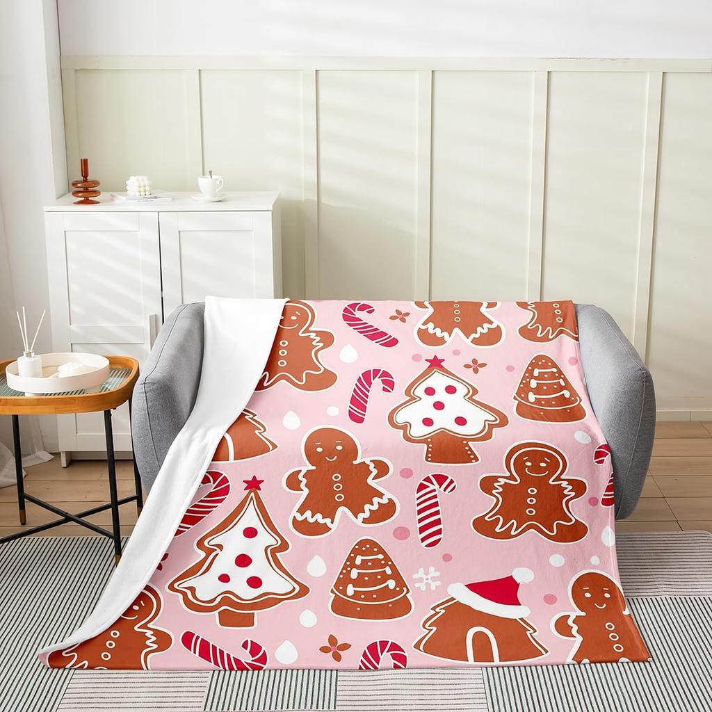 Gingerbread Xmas Flannel Blanket Blue Christmas Tree Candy Throw Blanket Western New Year Theme Cozy Throws for Bed Couch Sofa