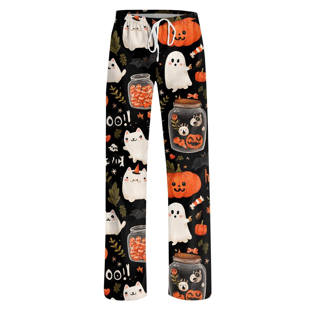 Women's Halloween Print Pants with Elastic Waist and Drawstring for Casual Home Sleepwear