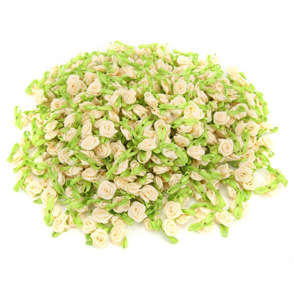 450Pcs Mini Ribbon Rose Decoration Bow Flower with Leaf Ornament for DIY Sewing CraftingBeige