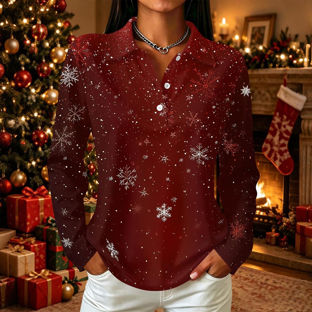 Women's Christmas Print Long Sleeve Button Front Collared Casual Top with Side Slits