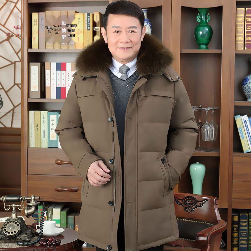 Pánská zimní péřová bunda střední délky s huňatou kapucí a kožíškem – Teplá, volný střih, velká velikost