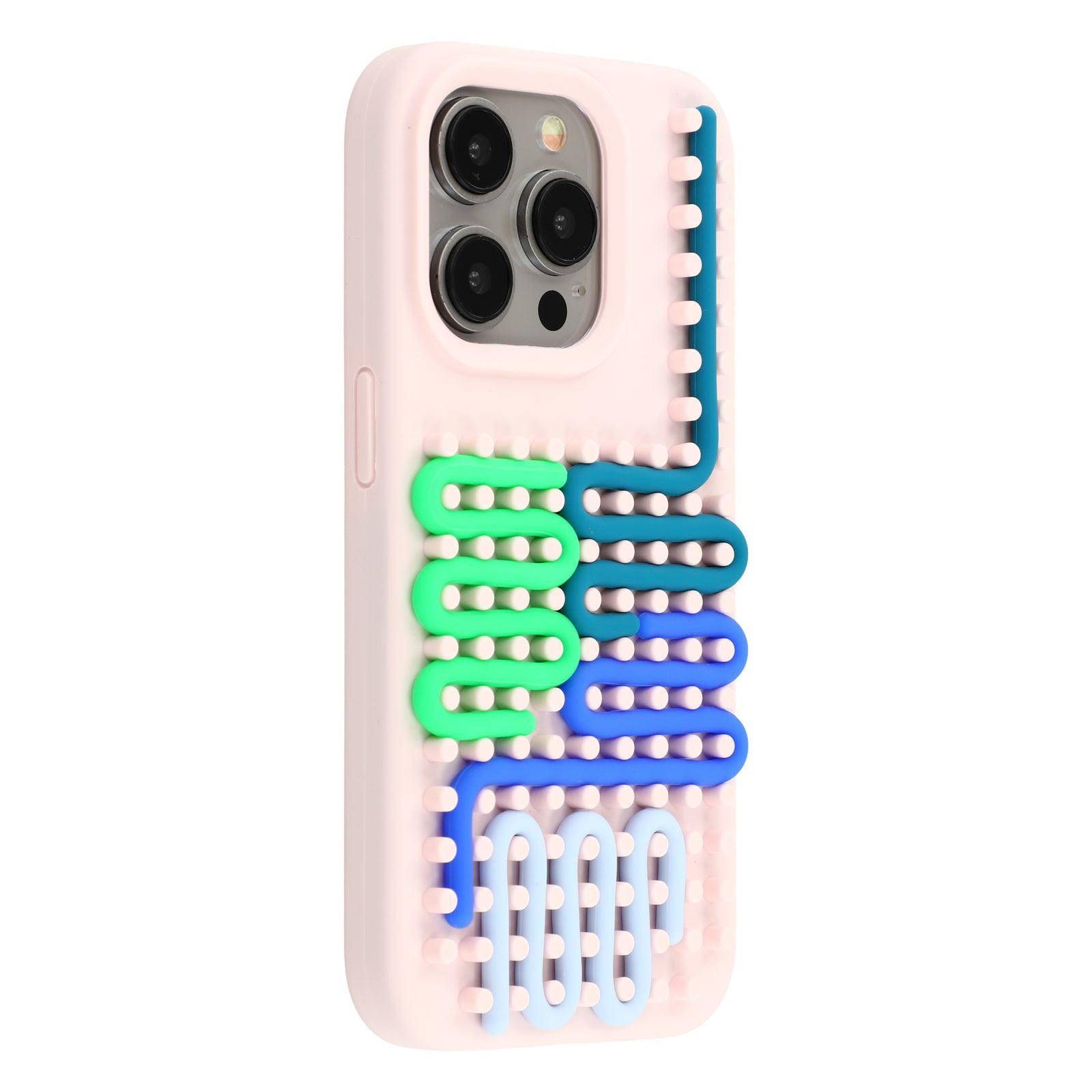 

For iPhone 14 Pro Case 3D Stress Relief DIY Colorful Bar Silicone+PC Phone Cover Dots Design Pink