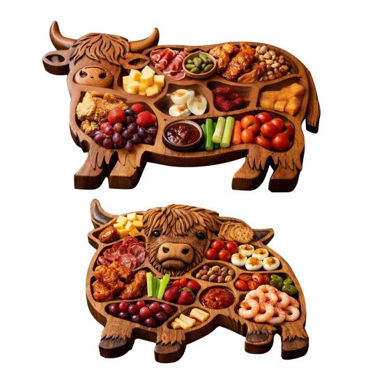 Dřevěná charcuterie deska s krávou z Vysočiny Roztomilý servírovací podnos ve tvaru krávy Rustikální farmářský talíř na jídlo s přihrádkami na sýr maso ovoce svačiny