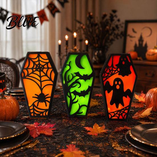 Solid Wood Halloween Craft Casket Decor DIY Bat Ghost Ornament with Lights 3D Wooden Decoration Spooky Graveyard Scene Prop for Party Home