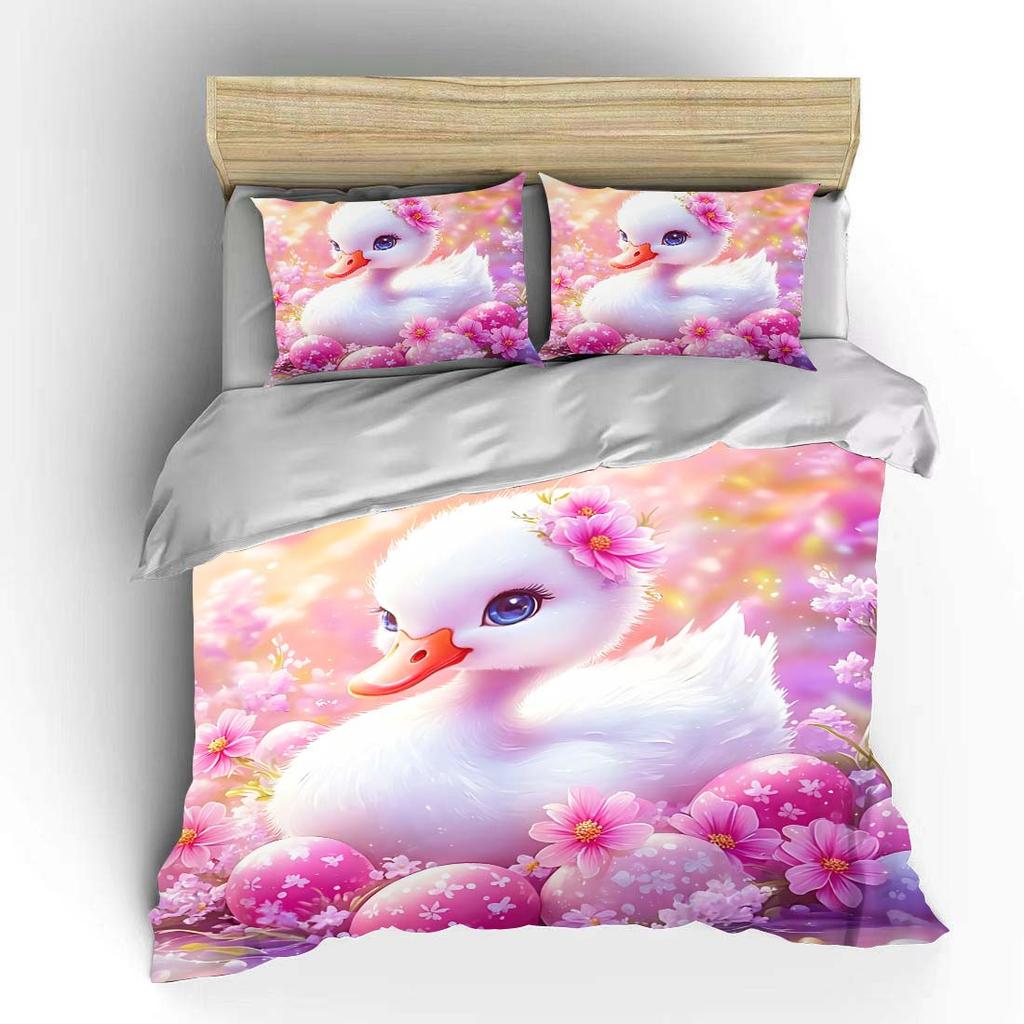 Cute duckling with pink flowers Print Bedding Set 1 Duvet Cover 2 Pillowcases for Adult and Children Luxury Gift Full Size
