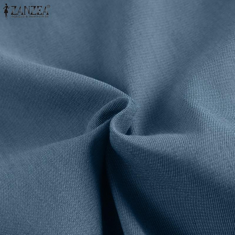 ZANZEA Damen Kurzarm Revers Einfarbig Denim Midi Kleider