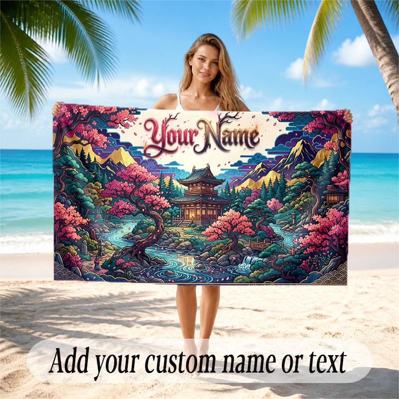 Mushroom Forest Theme Soft Beach Towel Personalized Custom Name Text Towel Portable for Beach Pool Travel