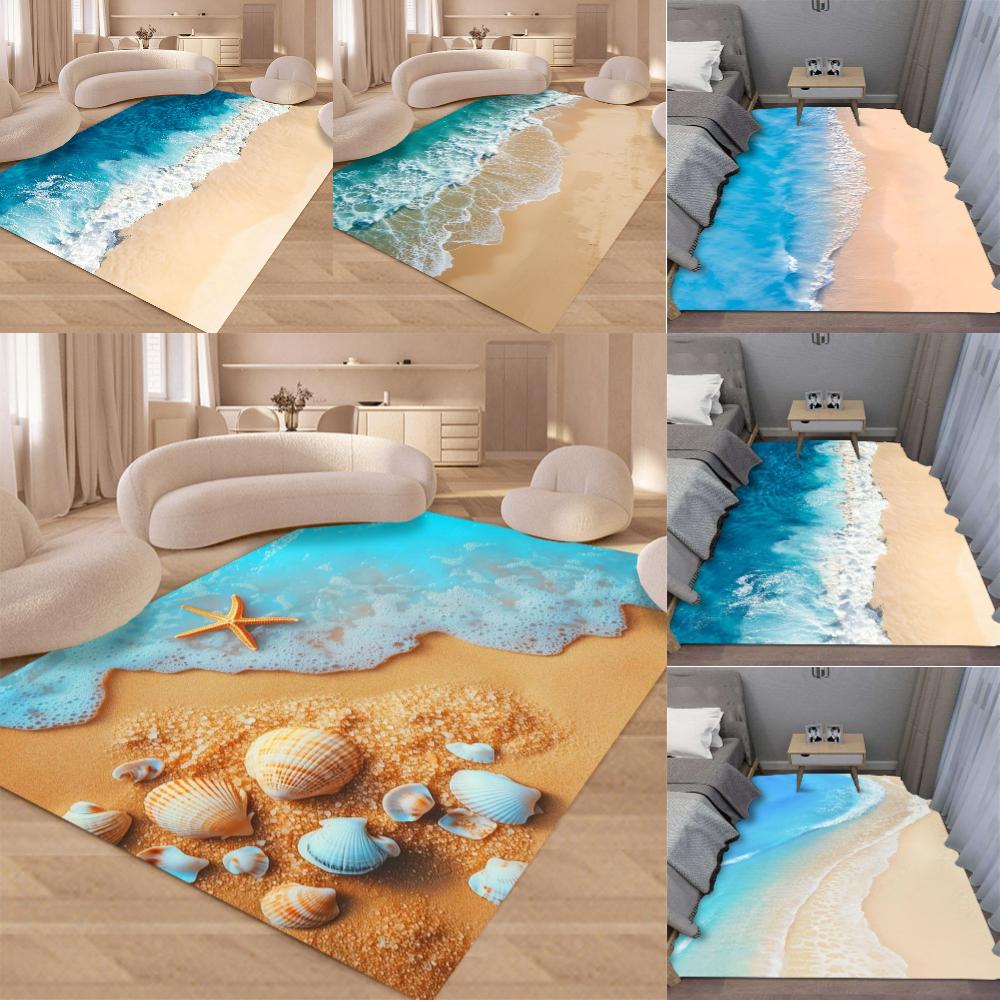 Tappeto da Spiaggia con Conchiglie e Onde Estive per Soggiorno, Divano, Decorazioni, Tappeti per Camera da Letto, Cucina, Tavolino da Caffè, Tappetino per Corridoio