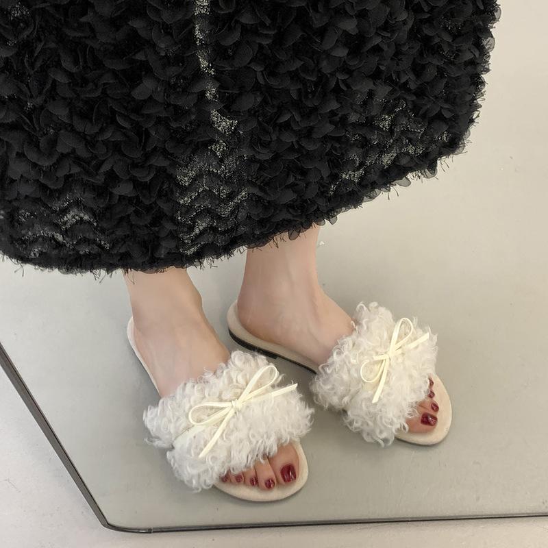 Versatile retro style flat head slope heel fluffy shoes women's autumn and winter fashion outer wear versatile flat heel casual one-word slippers