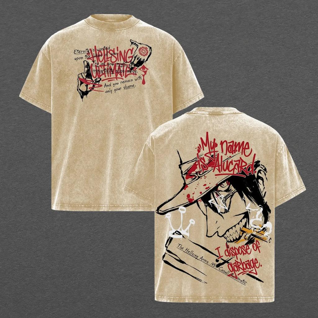 Anime Hellsing Alucard T-Shirt Vintage Gewaschen Y2k Übergroßes T-Shirt Herren Damen Kleidung Sommer Kurzarm Reines Polyester T-Shirts Tops