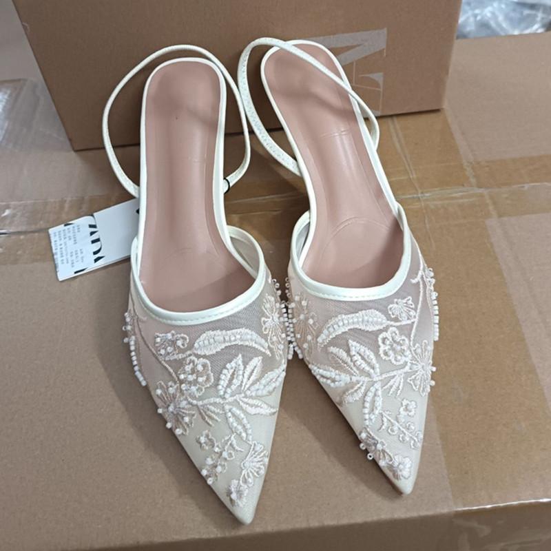 Mesh Flowers Embroided Women Pumps Elegant Pointed toe Beading Thin High heels Summer Slingbacks Ladies Wedding Shoes