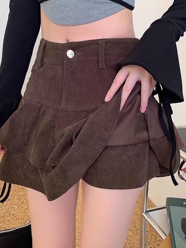 2024 New Autumn/Winter Women's Petite High Waist Double Layer Corduroy Fishtail A-Line Skirt
