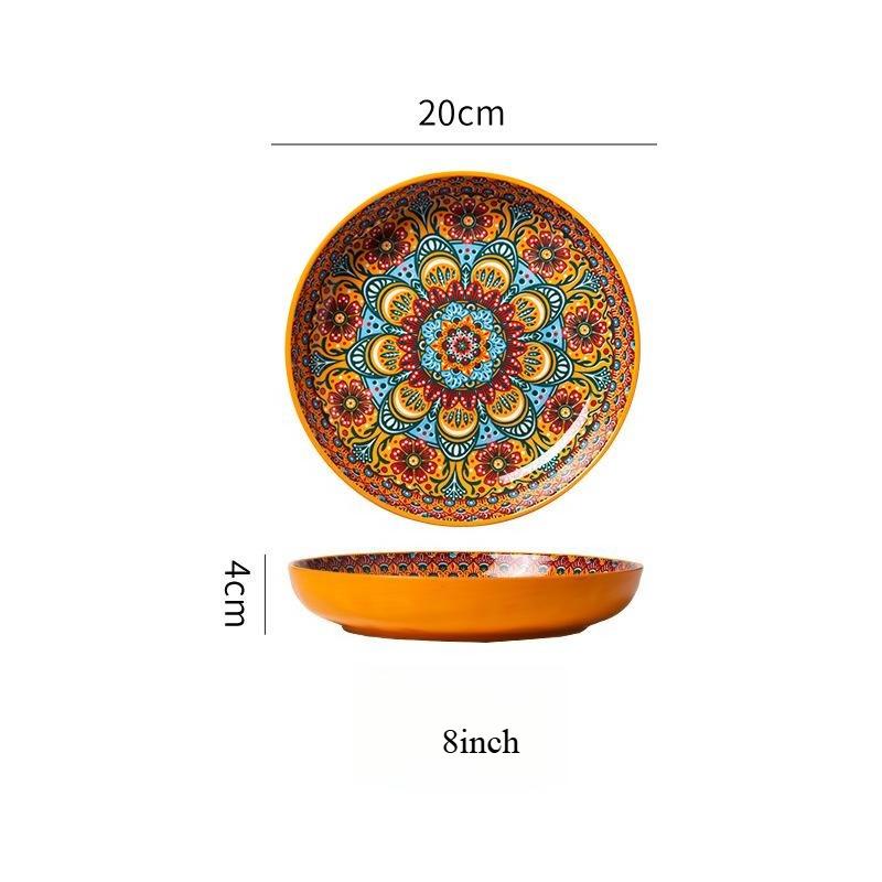 Bohemian Hand Painted Ceramic Plate 7/8 Inch, Colorful Mandala Porcelain Dinner Plate, Vintage Decorative Serving Dishes for Kitchen Dining Home Decor