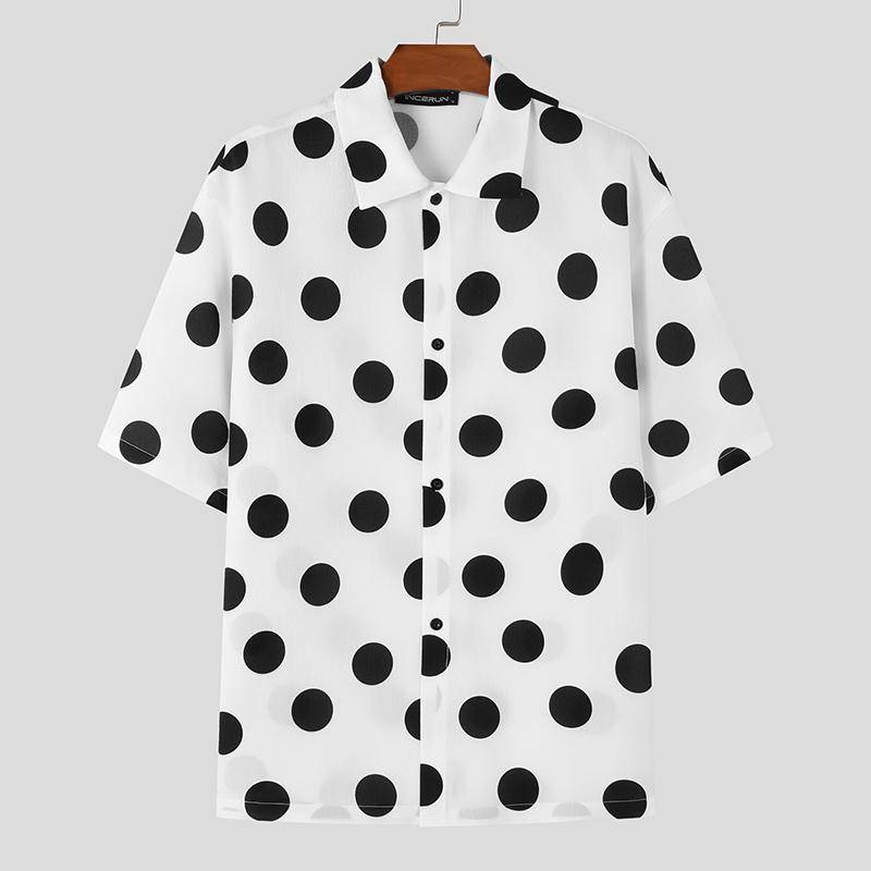 INCERUN Men Turn Down Collar Short Sleeve Shirts Polka Dots Casual Oversized Tops