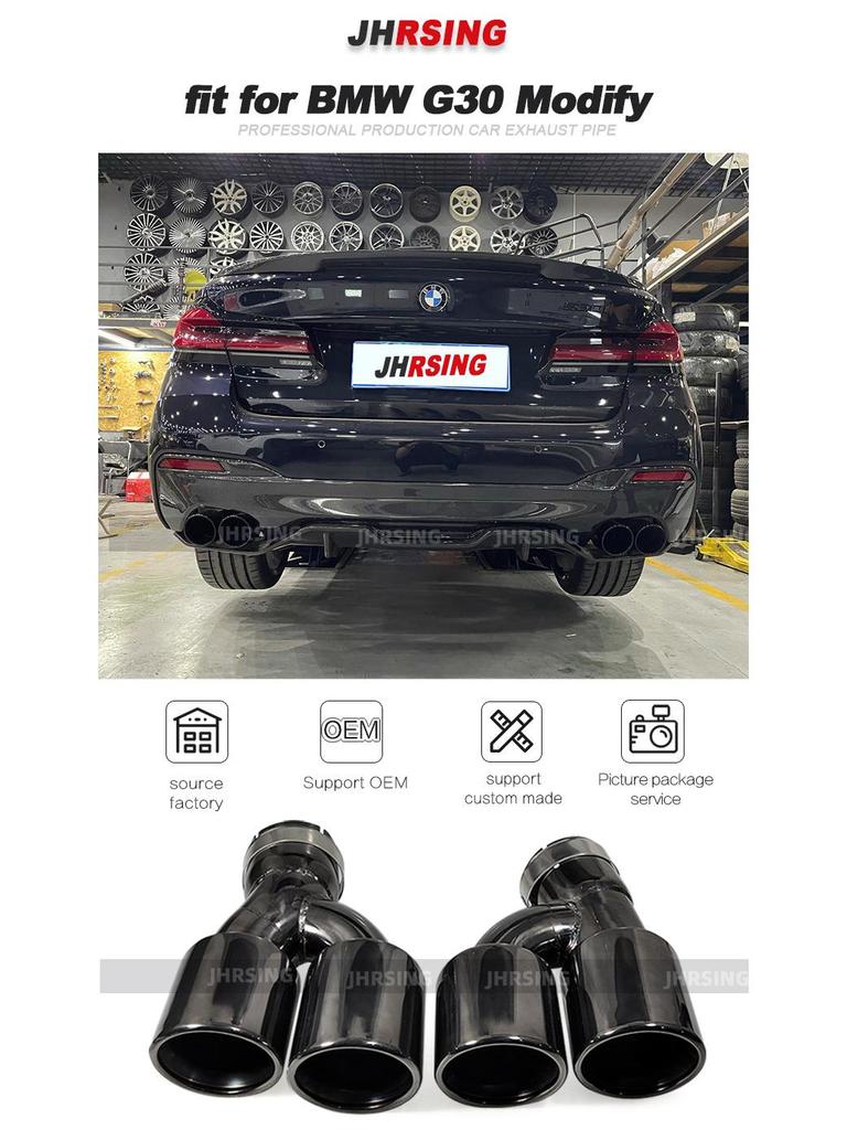 Convient pour BMW Série 5 G30 2018-2022: Échappement Quad M5, Silencieux et Sorties d'Échappement en Acier Inoxydable Chrome Noir.
