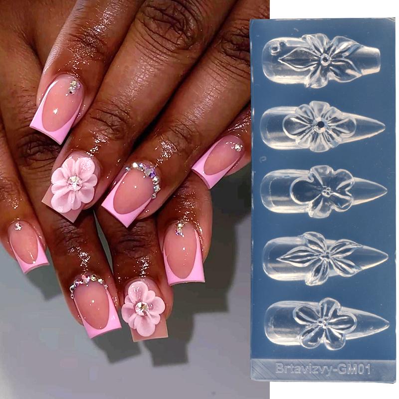 3D Flower Silicone Nail Mold Lily & Hibiscus Petals Carving Template Gel Polish Stencils for Spring Summer Manicure Decor