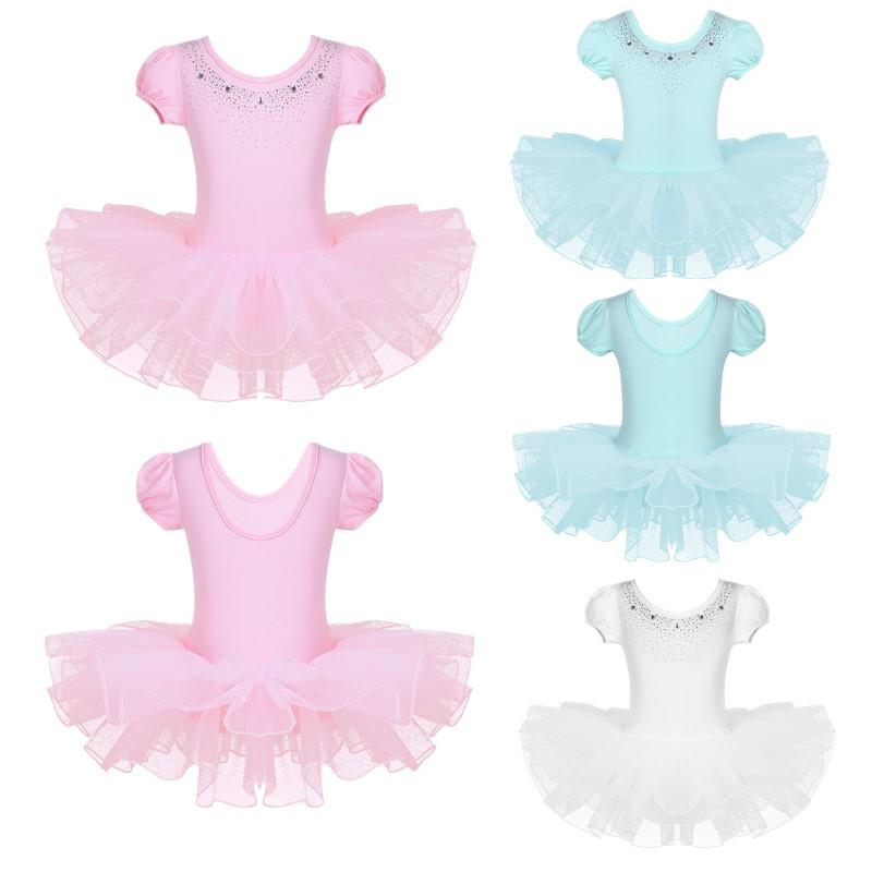 Kids Girls Dance Short Sleeves Ballet Mesh Tutu Dress Child Dancewear Costumes