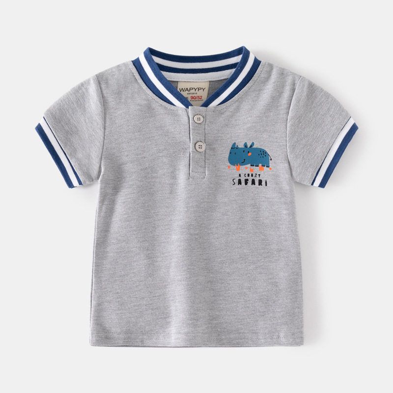 Boys' Summer Short-Sleeved T-shirt Children's Half Sleeve Polo Shirt Baby V Neck Silm Tops Baby Print Flower Box Horse Clothes