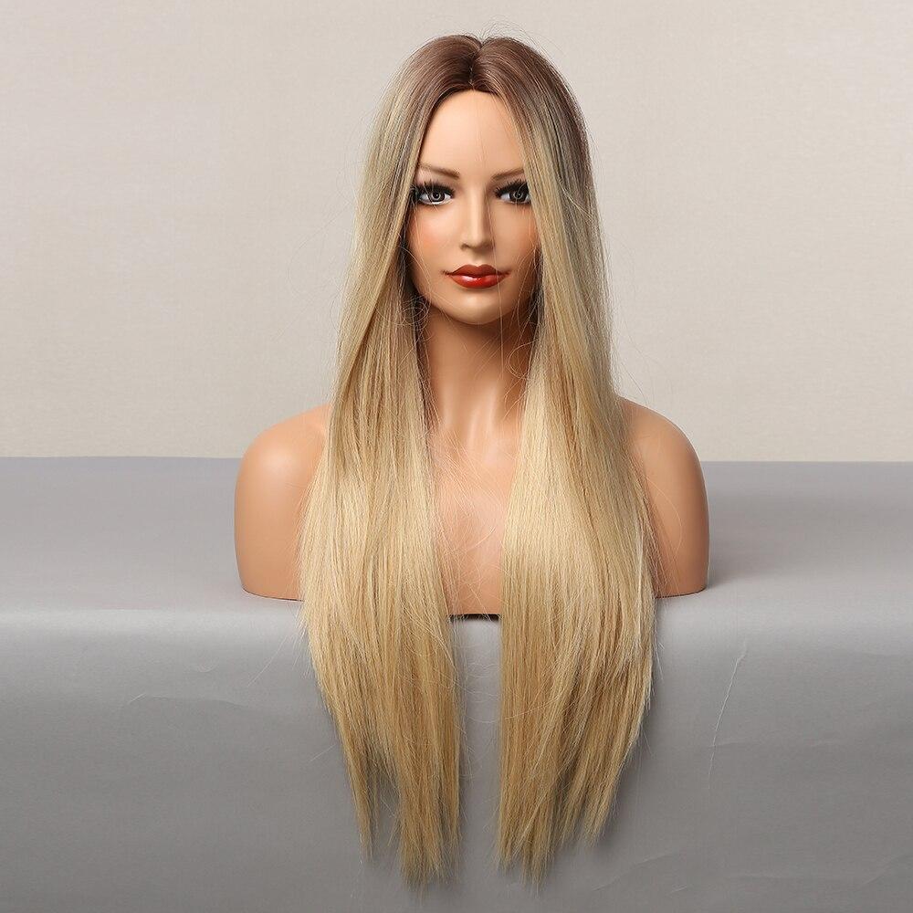 Long Silk Straight Ombre Brown Blonde Golden Synthetic Wigs for Women Heat Resistant Natural Middle Part Hair Wig