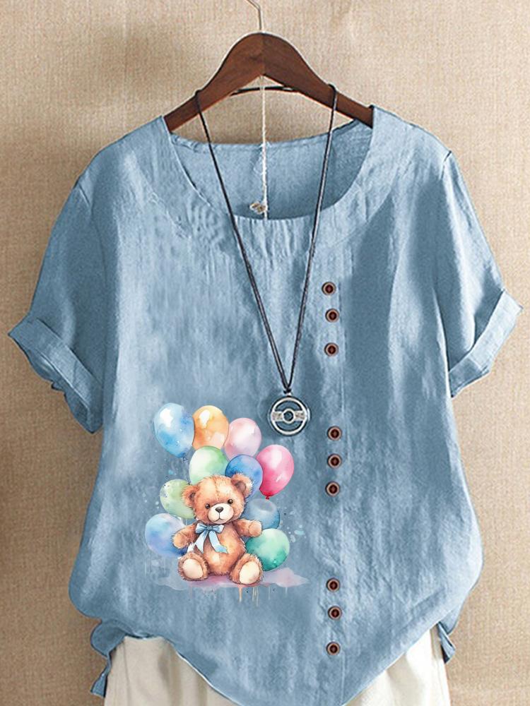 Women's Fashion Bear Print Round Neck Short Sleeve T-shirt Summer Casual Cotton Linen Graphic Shirt Leisure Loose Blouse Tops