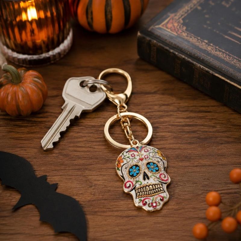 Halloween Skull Keychain Charm, Floral Skull Bag Charm with Alloy Hardware, Lobster Clasp and Round Key Ring for Keys
