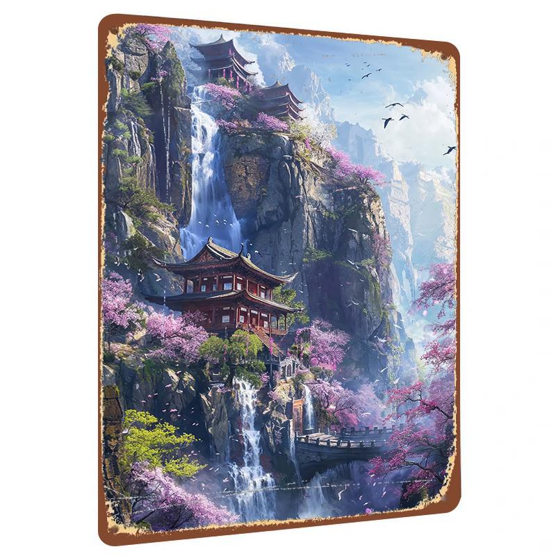 

Chinese Style Landscape Pavilion Waterfall Cherry Blossom Metal Iron Painting Home Decor Wall Art Living Room Study Foyer Mural 20x30cm（7.8x11.8inch）