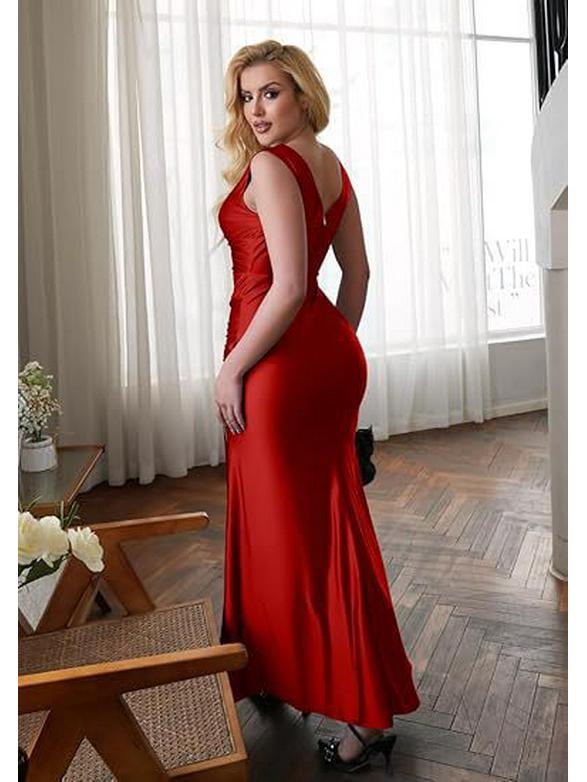 European & American Slim Fit Solid Color Satin Slit Dress
