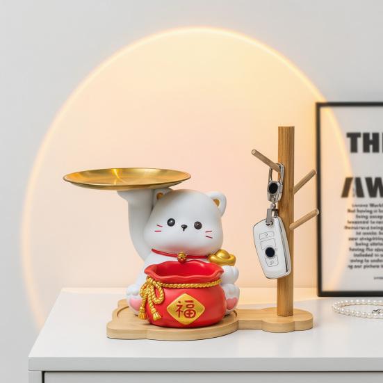 Lucky Cat Key Holder Tray for Entryway Table Resin Fortune Cat