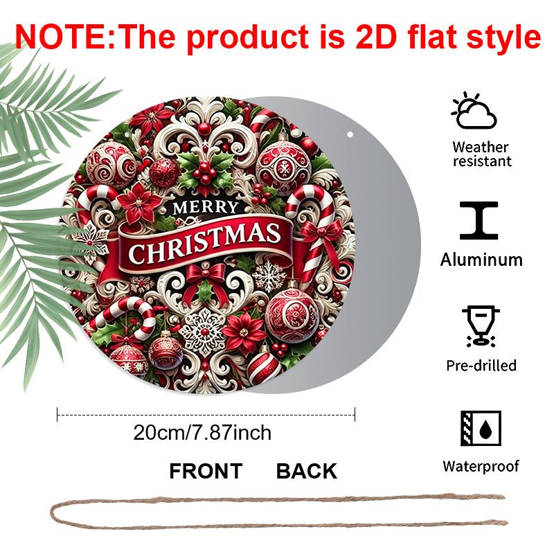 2D Flat, 1pc Round Aluminum Metal Sign, Vintage Elegant Classic Christmas Style Scroll Candy Cane “Merry Christmas” Print, Perfect for Holiday Rustic