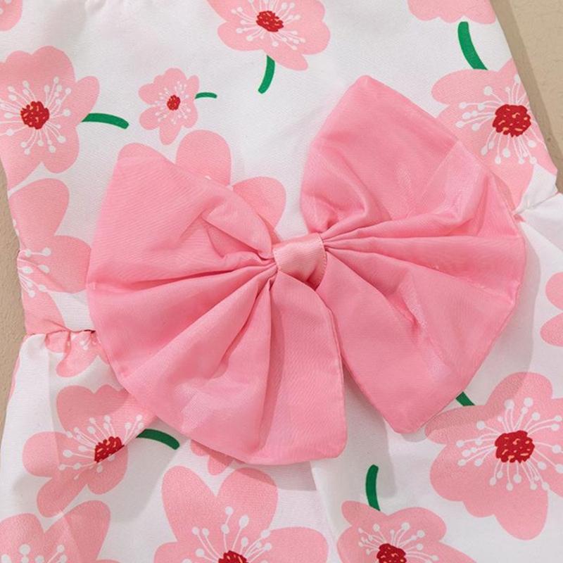Spring Summer Pet Flower Print Skirt with Bowknot Decors Outdoor Walking Dogs Rabbit Universal Dress Lightweight