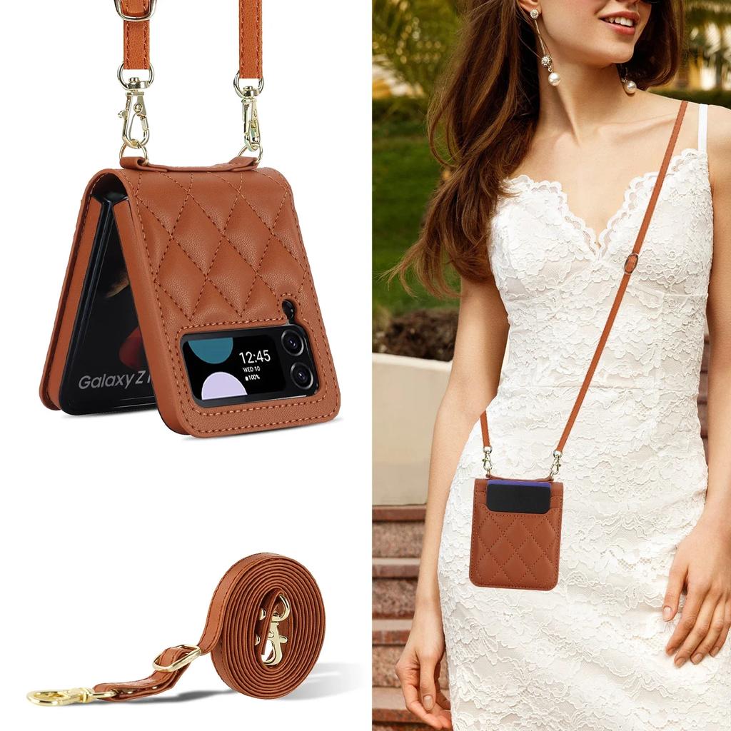 Lanyard Cards Solt Leather Wallet Case For Samsung Galaxy Z Flip 6 5 4 3 5G Flip5 Flip6 Purse Bag Crossbody Strap Pocket Cover
