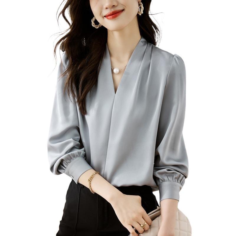 Women Elegant Shirt V-neck Chiffon Blouse Loose Casual Long Sleeve Office Shirt Chic Female Party Pullovers Top Autumn