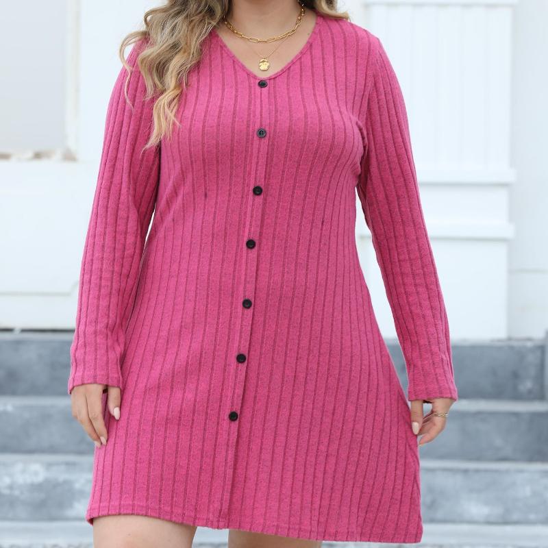 

Ladies Casual Skirt, Plus Size Women s Clothing, Button Decoration, A-line Skirt, Deep V-neck, Pit Stripe, Base Skirt, Dress, Plus Size Design 3XL розы красного