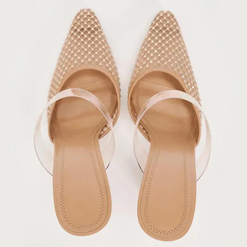 Fashion Crystal Mesh Breathable Thin High Heel Slippers Women Sexy Pointed Toe Slingback Slide Sandal Elegant Designer Party Dress Pumps
