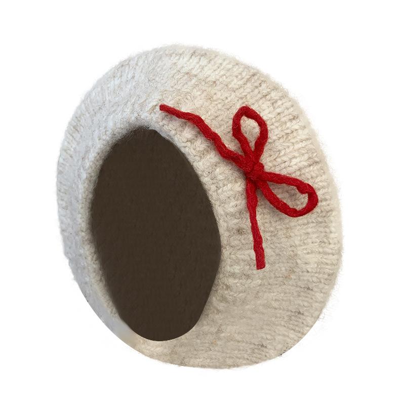 Bow knitted beret women's autumn and winter cold and warm wool hat big head circumference showing face small painter hat