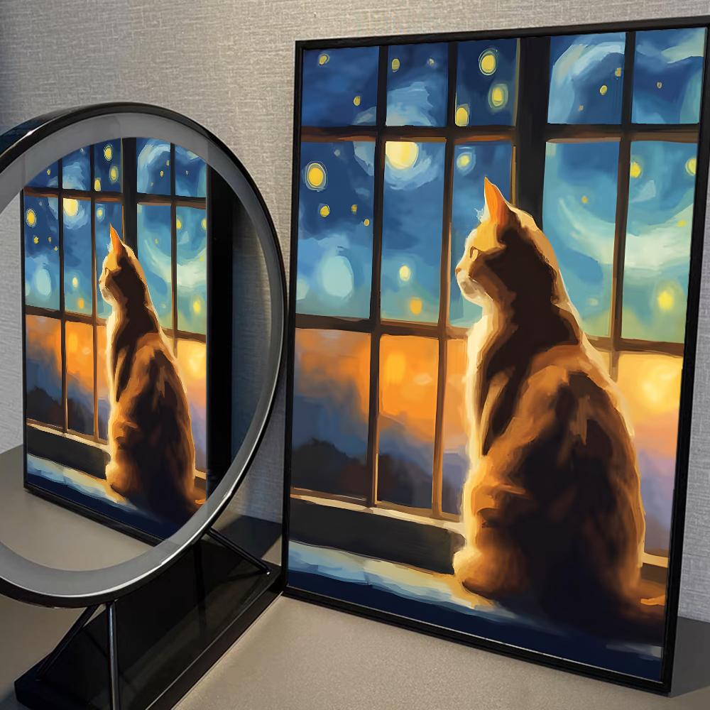 Van Gogh The Starry Night Romantic Black Cat WhitePaper Poster Sticker for Living Room Bar Decorants Aesthetic Art Wall Painting