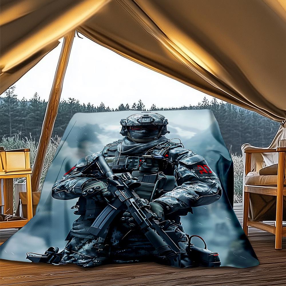 1pc Soldier Print Outdoor Blanket - Soft Flannel Cozy for Travel & Camping - All-Season Warm Bed Cover, Machine Washable yy251229094