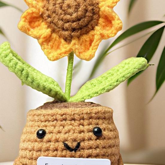 Crocheted Sunflower Doll Emotional Inspirational Support Potted Plant Doll Handmade Inspirational Doll with Positive Card for Cheer Up Gift Home Decor