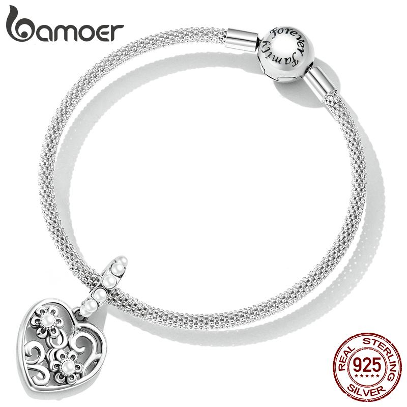BAMOER Vintage 925 Sterling Silver Heart & Flower Pendant Fit for DIY Bracelet & Bangle Delicate Shell Charms Fine Jewelry