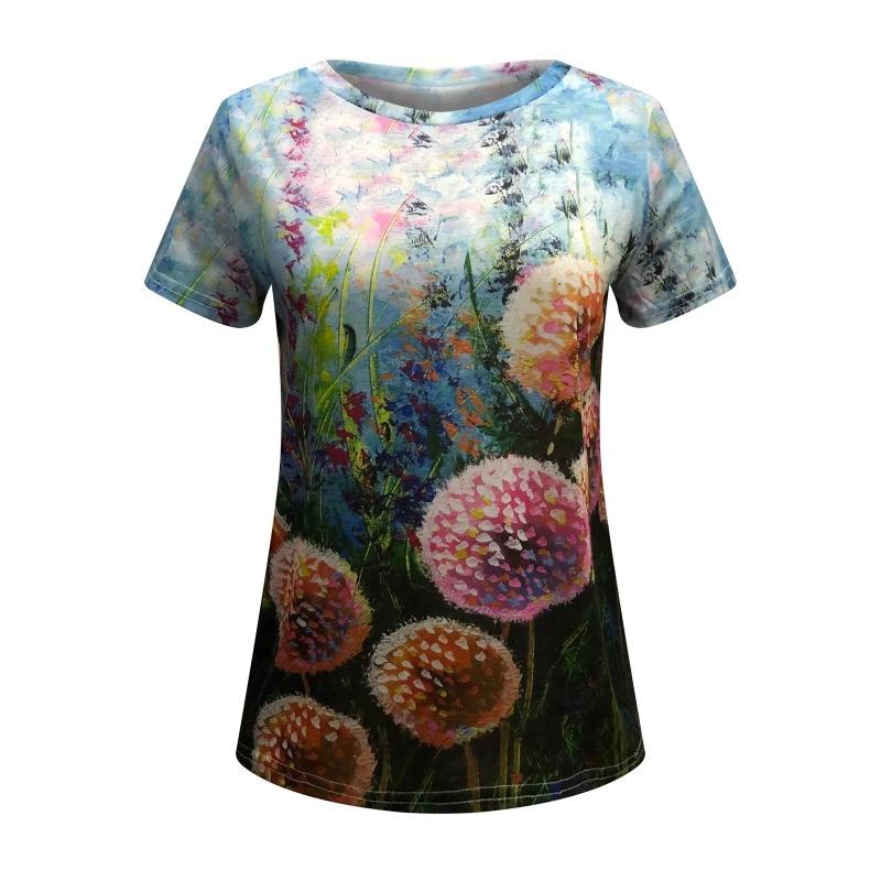 Popular Top Colorido de Campo de Flores Artístico Retro 3D Feng Shui com Manga Curta e Gola Redonda Solto para Mulheres
