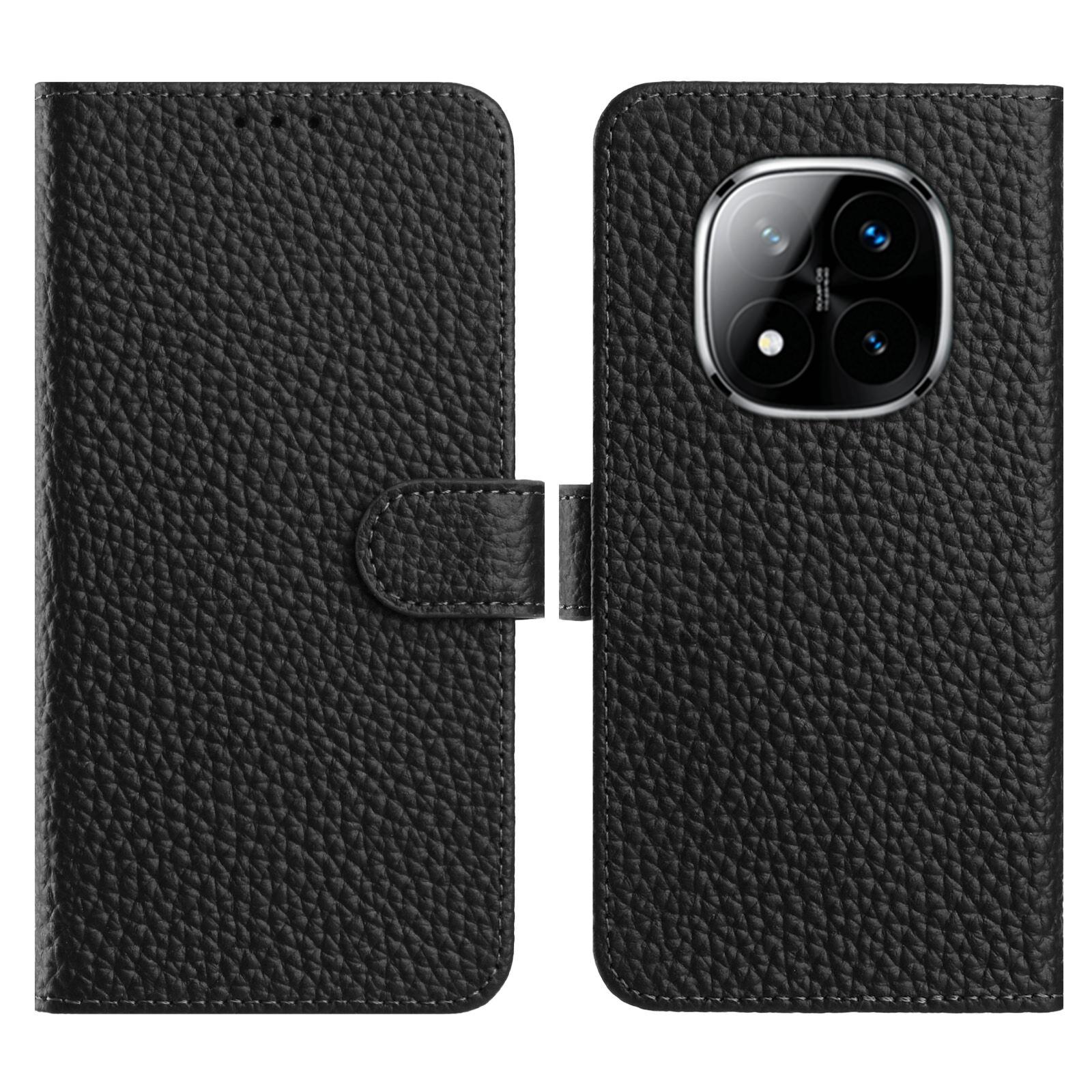 

For Xiaomi Redmi Note 14 Pro 4G Case Wallet Stand Litchi Texture Genuine Cow Leather Flip Phone Cover Black